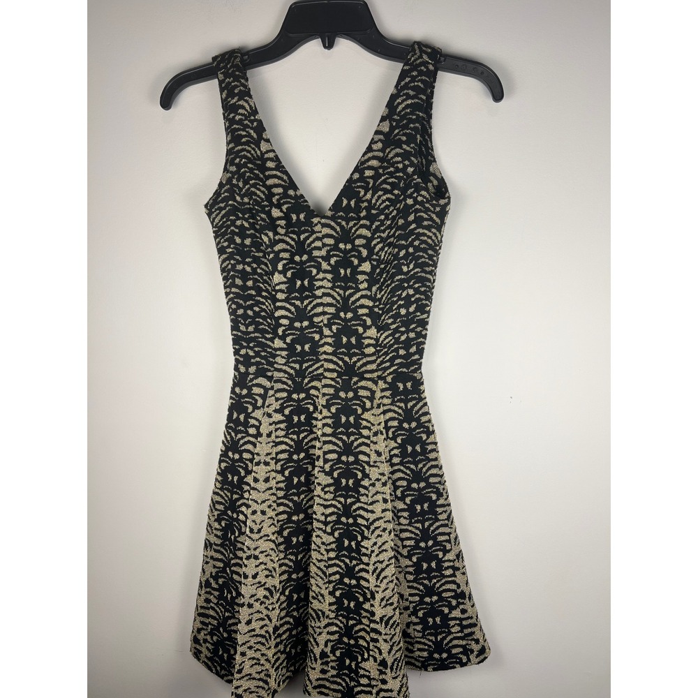 Gig XS Black Gold Patterned V Neck‎ Sleeveless Fit Flare Dress